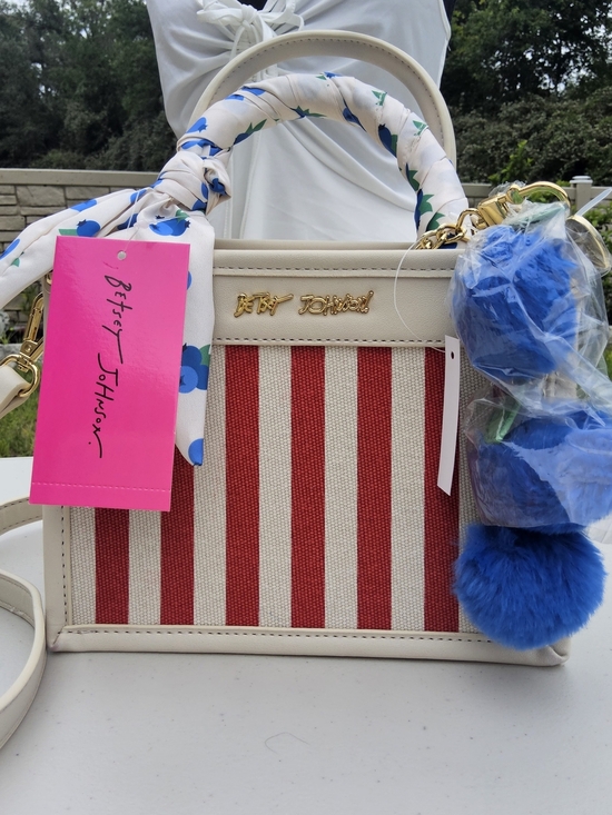 Betsey Johnson Handbags - NWT Betsey Johnson Red & Cream Striped Satchel with Blue Pom Charm